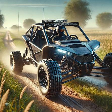 Waarom is het zo moeilijk om een buggyverzekering af te sluiten Afbeelding van een open buggy met een bestuurder over een zandpad in een omgeving met velden en bomen